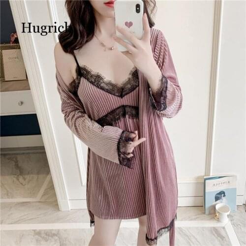 Autumn Winter Pajamas Womens Velvet Sexy Hollow Out Suspender Robe Suit Home Wear Long Sleeve Fashion Korean Style