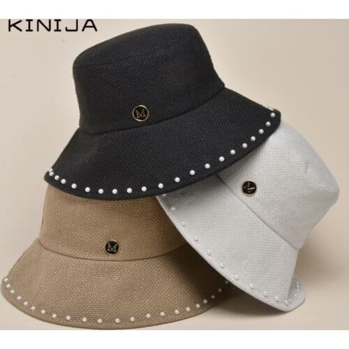 Autumn cotton linen black casual fisherman hat Korean Pearl big brim bucket cap M letter women beach sun hat cylind hat girl men