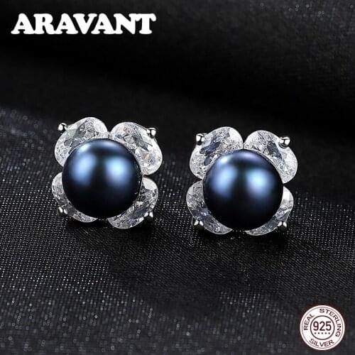 100% Authentic 925 Sterling Silver Flowers Clear CZ Pearl Stud Earrings For Women Luxury Pearl Jewelry Gift