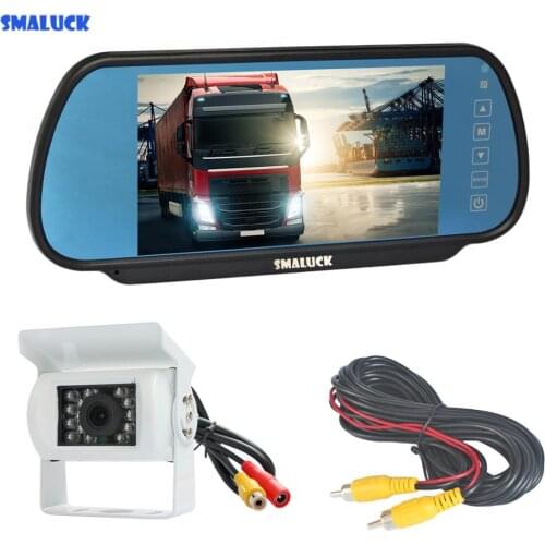 SMALUCK 7" HD Mirror Monitor Car Monitor Waterproof CCD Rear View Car Camera White for Truck Caravan Bus Van 12V-24V DC