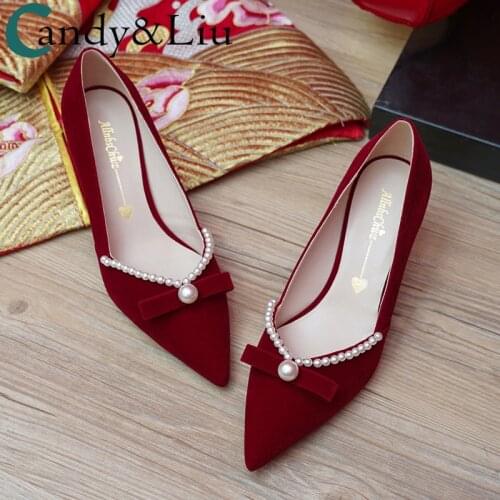 Wedding Shoes Womens New Winter Brides Wine Red Pearls Bow Graceful 3cm 6cm 8cm Higher Heels Female Lovely Nice Pumps