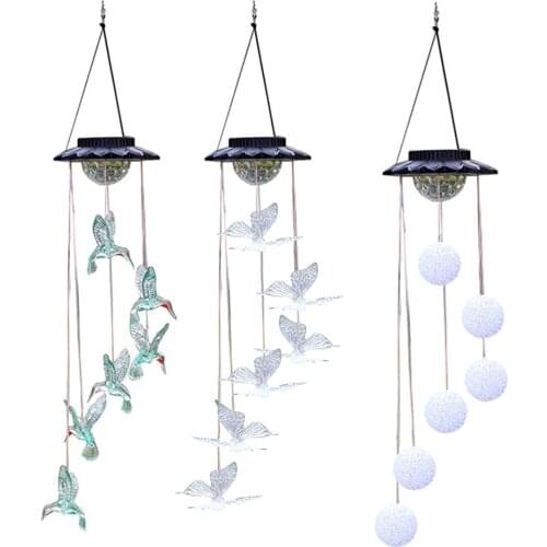 Solar Mobile LED Light Color Changing Wind Chimes Dragonfly Pendant Aeolian Bell Yard Garden Wind Chimes Lamp Accessories Home D
