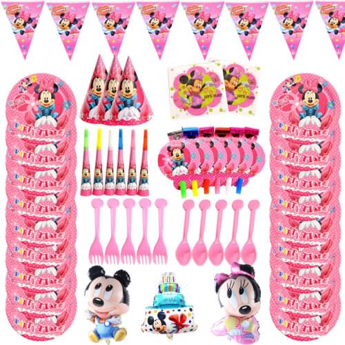 Disney Cartoon Minnie Mouse Theme Birthday Disposable Tableware Decorative Paper Cup Set Baby Shower Event Party Toys Supplies