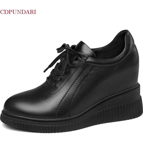 Ankle Strap Black Genuine Leather High Heels Pumps Ladies Spring Summer Casual Platform Wedges Shoes Bride Tacones Mujer