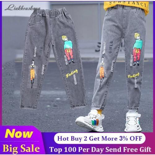 3-13 Years Print Girls Denim Pants Childrens Clothing Elastic Waist Casual Jeans Stonewashed Trousers Spring Autumn Wear