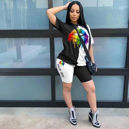 2 Piece Set Women 2021 Summer Outfits Female Clothes Short Sleeve Print Top Sexy Patchwork Shorts Aesthetic Streetwear Tracksuit