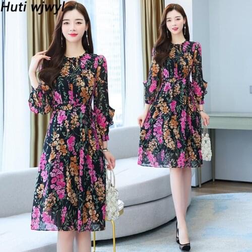 Autumn Winter Vintage Midi Dress Plus Size Casual Floral Chiffon Boho Beach Dress 2021 Elegant Women Bodycon Party Robe Vestidos