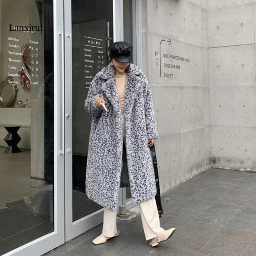 Winter Thick Warm Leopard Long Teddy Fur Coat Women Outerwear High Quality Loose Suit Collar Faux Rabbit Fur Jacket Female