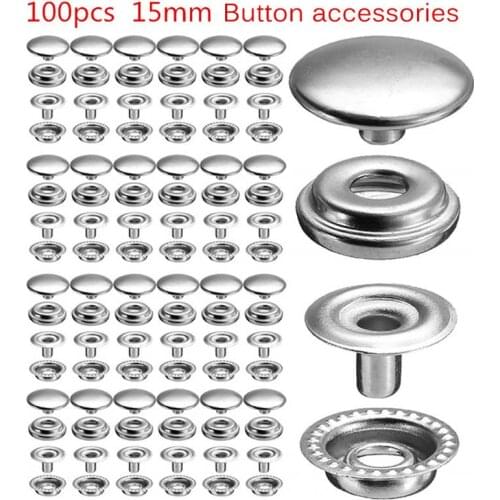 15mm Stainless Steel Socket Fastener Snap Press Stud Button 100pcs Kit Sewing Leather Craft Push Silver Buttons
