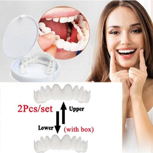 2Pcs/Set Silicone Teeth Whitening Teeth Cover Teeth Braces Simulation Denture Upper Teeth Lower Teeth Set with Box Perfect Smile