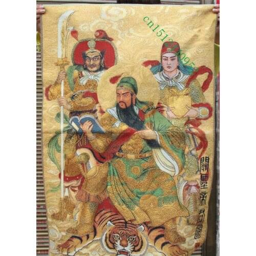 36 inch Chinese Silk embroidery Guan Gong Yu Warrior God 2 Guards Thangka Paintings Mural