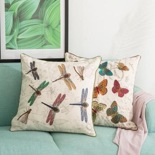 45X45CM dragonfly/butterfly embroidered cushion cover pillow case cotton linen pillow cover for backrest cushion case