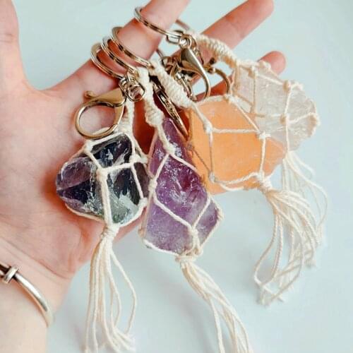 Macrame Crystal Quartz Rough Natural Stone Keychains for Women Amethyst Topaz Key Rings