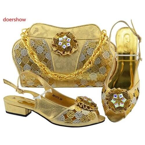 Doershow Shoes and Bag Set African Sets gold Ladies Italian Shoes and Bag Set Decorated with Rhinestone Nigerian Shoes !Sbf1-40