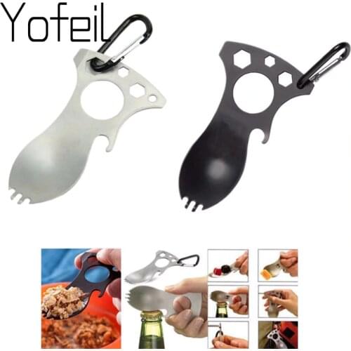 EDC Hiking Gear Multifunction Outdoor Tableware Tool Stainless Steel Camping picnic Tactical Fork Spoon Bottle Can Opener Wrench
