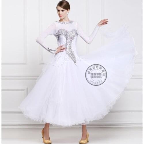 Customize elegant white long sleeve Fox trot Waltz tango salsa competition ballroom dance dress
