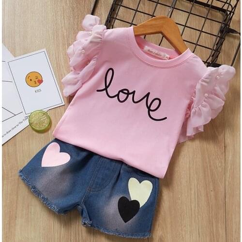 Kids Girls Fashion Clothes Outfit Set Letter Print Tshirt Tops Denim Shorts Set Sweet Girls Children Clothing Set