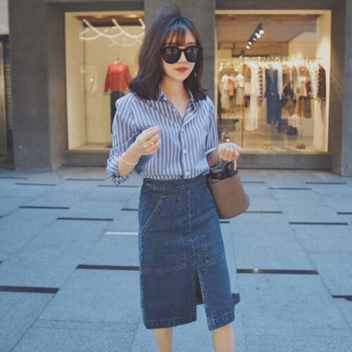 High Quality Skirt Sets 2021 Spring Summer 2 Piece Set Women Office Stripe Tops Blouse +Blue Denim Skirt Suits