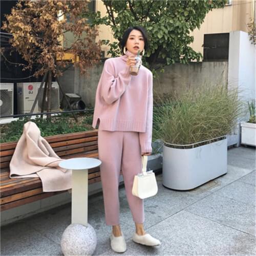2 Pieces Set Women Winter Autumn Knitted Tracksuit Turtleneck Sweater Knit Pants Women Loose Clothing Suits Female Pants Suit