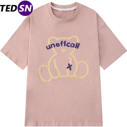 2021 Summer Casual Anime Shirts Harajuku Retro Bear Print Cotton Loose Oversized Mens T-shirt Short Sleeve Top Tees Clothing