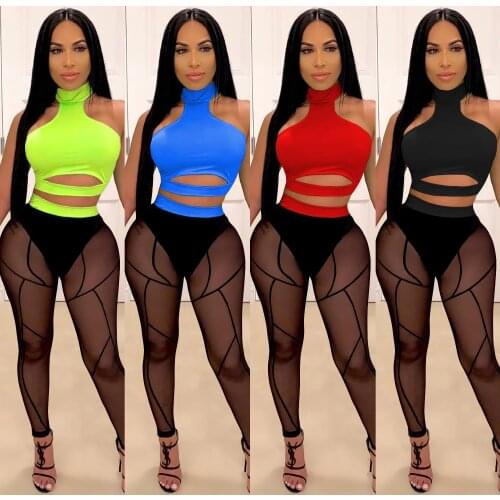 Fashion New Nightclub Perspective Color Matching Womens Two Piece Midriff-baring and Backless Outfits Sweat Suits for Women