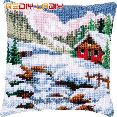 DIY Cross Stitch Cushion Winter Cottage Pillow Case Pre-Printed Canvas Thick Yarn Cross-stitch Kits Needlepoint Arts and Crafts