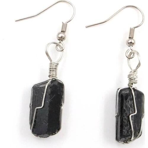 FYJS Unique Silver Plated Wire Wrap Irregular Shape Black Tourmaline Stone Earrings Ethnic Style Jewelry