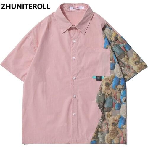 Vintage Shirt Streetwear Men Toy Bear Print Cute Patchwork Hawaiian Beach Shirt Harajuku Fashion Short Sleeve Aloha Shirt Tops