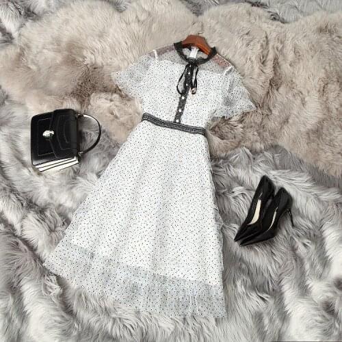 Europe and the United States womens clothing New Summer 2021 Short sleeved bow collar Fashionable polka dot print dress