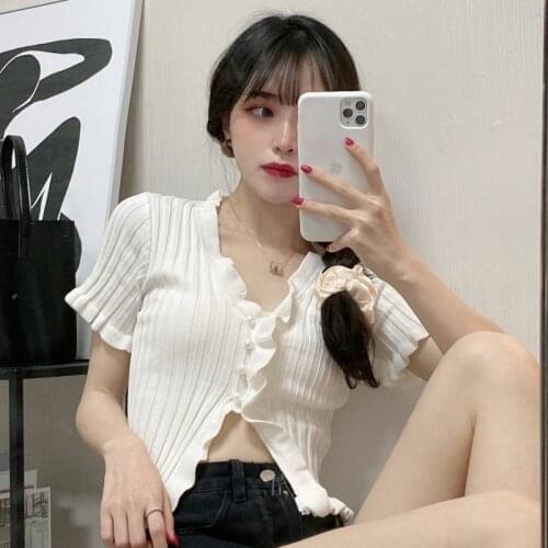 Woman TShirts Summer Knitted Slit Slim-Fit Top Womens T-shirt Crop Top Mujer Camisetas