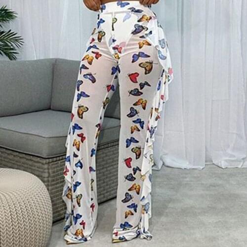 Womens Butterfly Print Ruffle Full Pants Mesh See-through Loose Wide Leg Trousers Fashion Casual Daily Sexy Transparent Pants