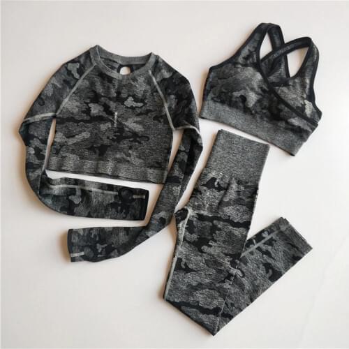 Women 3PCS Camo Seamless Yoga Set Sports Fitness Clothing Yoga Leggings Sport Bra+Long Sleeve Crop Top Gym Sports Suits