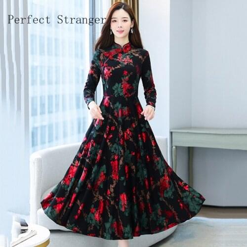 2021 Autumn Winter New Arrival Cheongsam Style Stand Collar Flower Print Long Sleeve Women Clothes Mother Dress