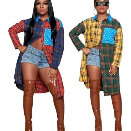 ZKYZWX Plus Size Patchwork Plaid Shirt Dress for Women Spring Fall Fashion Long Sleeve Button Up Loose Oversized Long Shirts