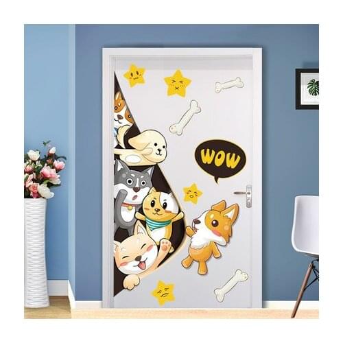 3D Wallpaper Door Stickers Cartoon Cute Dog Wall Sticker Creative Kids Room Decoration Living Room Wall Decal Baby Bedroom Decor
