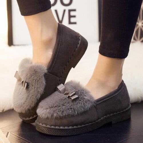 Akexiya 2021 Autumn Winter Women Ballet Flats Lovely Bow Warm Fur Comfort Cotton Shoes Woman Loafers Fluffy Zapatos De Mujer