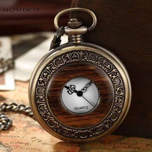 Retro Wood Circle Skeleton Watches Men Unique Hollow Quartz Pocket Watch & FOB Chain Men Women Watches Gifts Reloj de bolsillo
