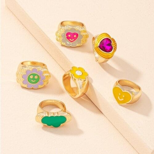 2021 Trendy New Colorful Dripping oil Flowers Clouds Heart Face Rings Metal Round Geometric Rings for Women Girls Jewelry