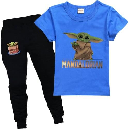 Summer Kids Clothes Short Sleeve Cartoon Printed Baby Yoda The Mandalorian T Shirt for Boys Sports Set Girls Children Tops Pants