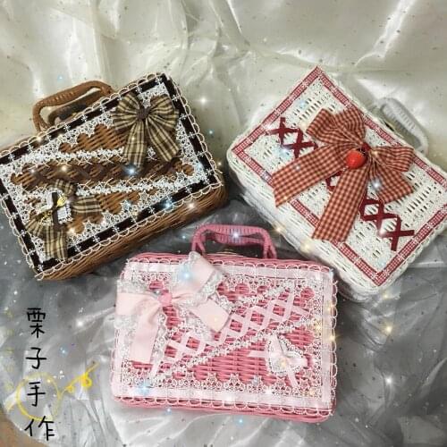 Lolita Element Strawberry Bow Rattan Case Box Cosplay Soft Sister Tea Party Princess Straw Woven Picnic Basket Handbag Suitcase