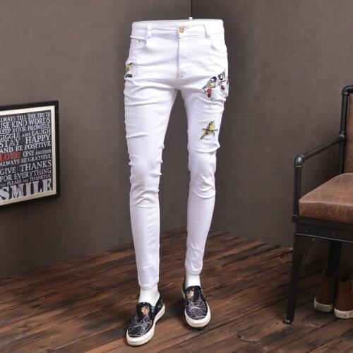 Fashion Skinny Jeans Elastic White Streetwear Bird Embroidery Pants for Cowboys Men P86