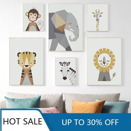 Cartoon Geometric Animal Canvas Painting Cute Elephant Lion Tiger Posters Simple Childrens Room Kindergarten Wall Art Decor