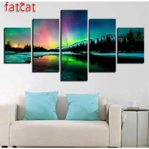 FATCAT Diy Diamond Painting 5 Pieces Aurora Borealis Lake Mountain Landscape full Square Round Diamond Embroidery Sale AE789