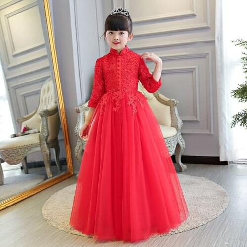 Children Princess Dresses Girl Lace Cheongsam Winter Qipao Red Evening Gown Chinese Traditional Wedding Dress