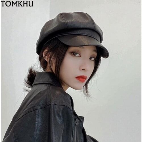 Autumn Winter Hats for Women Solid Plain Octagonal Newsboy Cap Men Ladies Casual PU Leather Hat Winter Beret Women Painter Caps