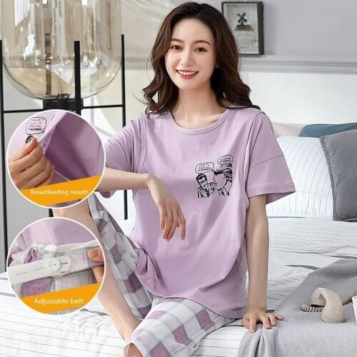 O-Neck Pregnant Pyjamas Female With Breastfeeding Mouth&Adjustable Belt Cotton Postpartum Confinement Home Service Clothing Set