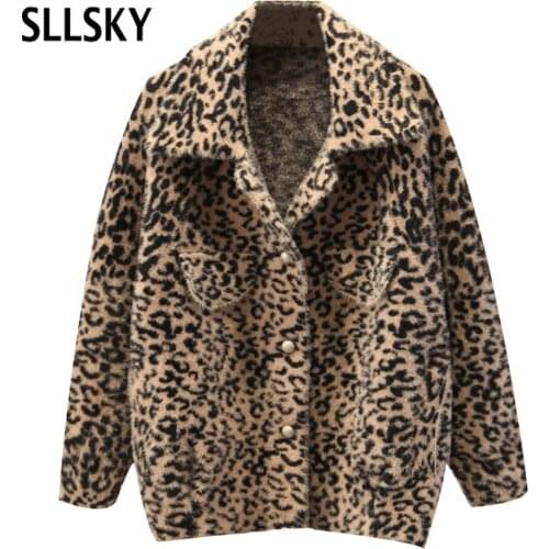 SLLSKY Faux Fur Mink Fleece Women Coat Winter Thick Warm Soft Single Breasted Leopard Print Jacket Female Plush Loose Overcoat