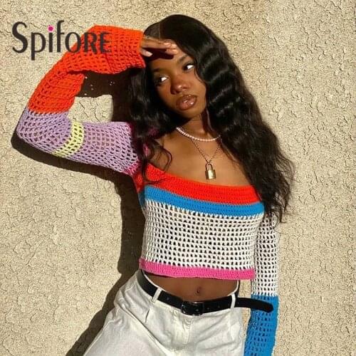 Spifore Candy Color Sweater Pullover Women Autumn Collar Hollow Out Sexy Jumpers Tops Fashion Street Casual Knit Cropped Y2K