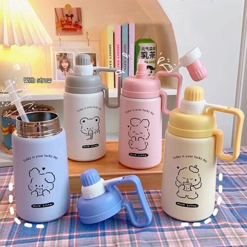 880ml Stainless Steel Vacuum Flask Thermos Bottle Cute Straw Bottles Student Men Women Large Capacity Sports Portable Water Cups
