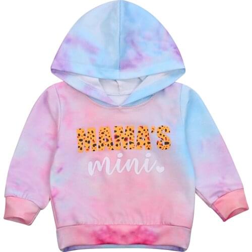 1-5Years Toddler Baby Girl Tie Dye Hoodies I Leopard Letter Print Long Sleeve Hooded Top Autumn Kids Outwear Pullovers